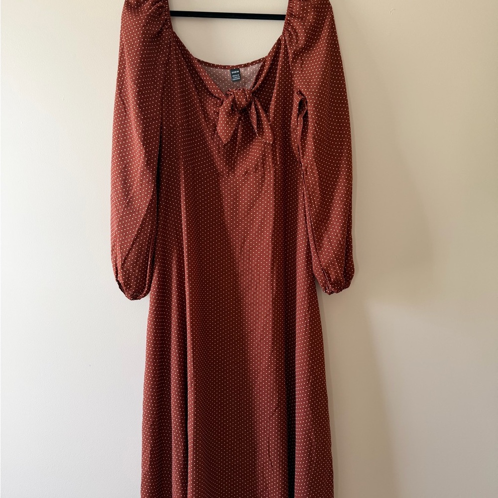 SHEIN Rust Brown Polka Dot Long Sleeve Midi Dress with Tie Neck
